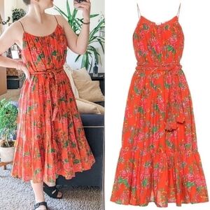 Rhode Lea Tea Length Bouquet Red Floral Midi Belted Dress